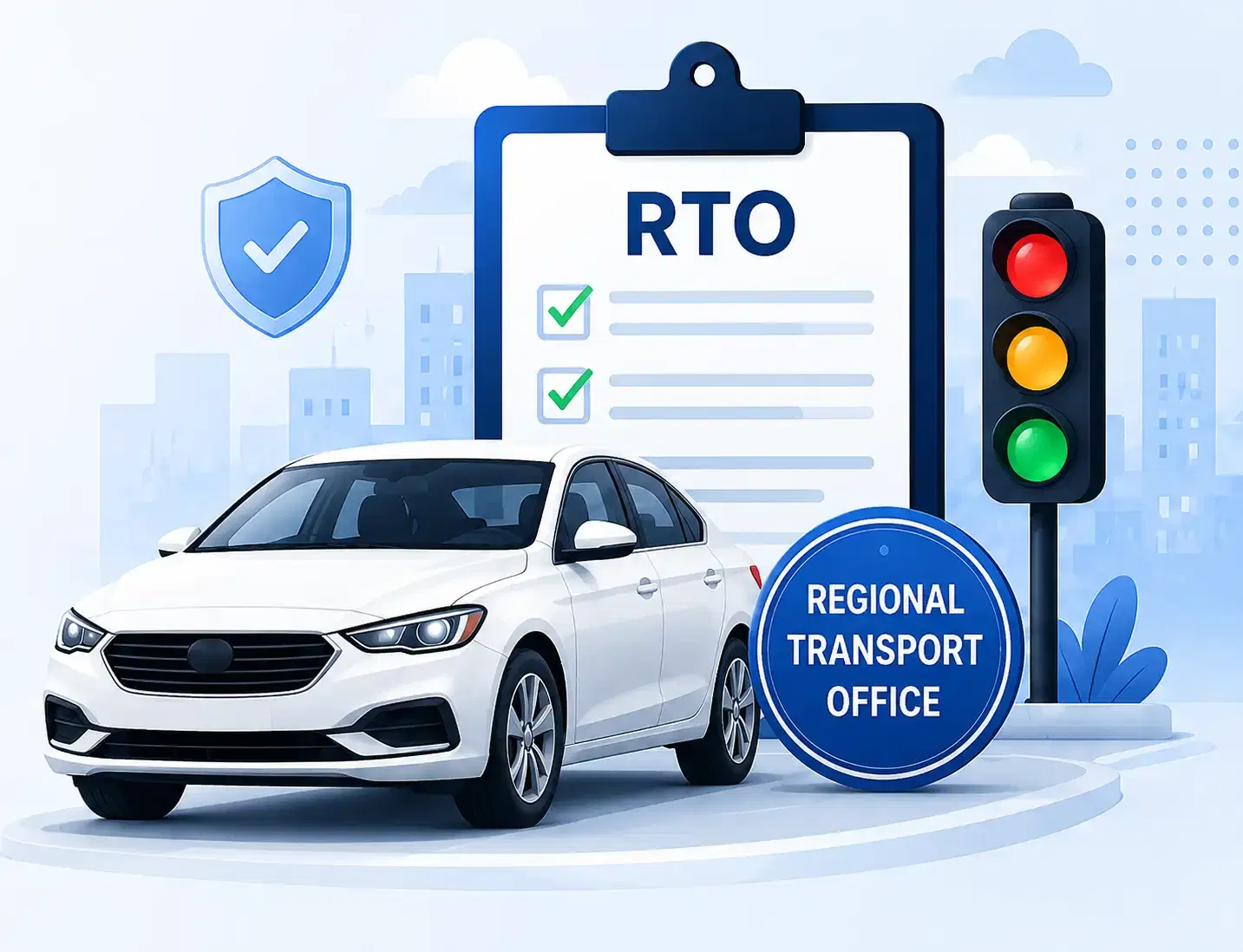RTO services illustration with car, clipboard, and traffic signal
