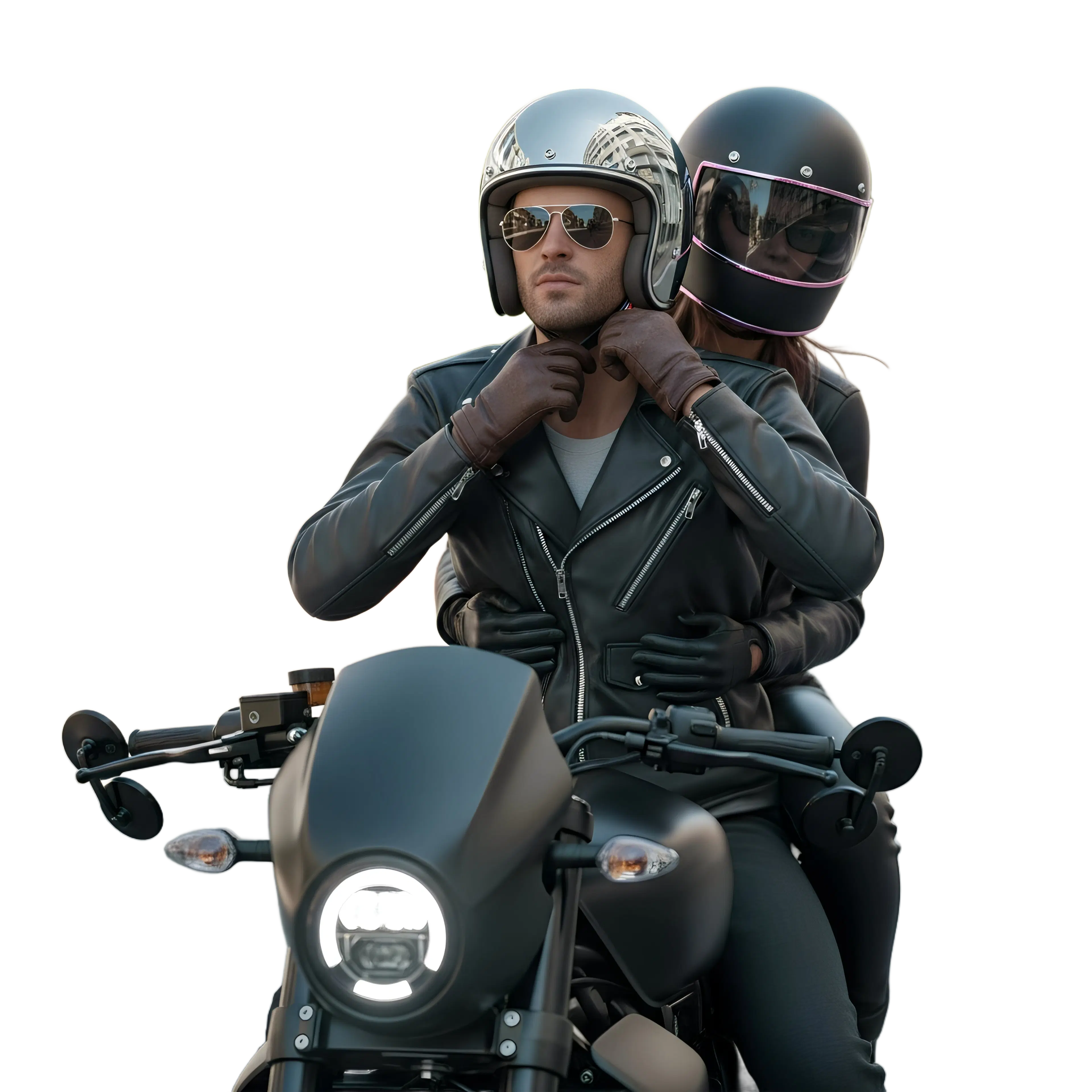 Couple with helmets on a motorcycle